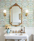 Classic William Morris Style Peel And Stick Wallpaper Removable Self Adhesive Vinyl Roll With Trim Grid For Zero Hassle Home Flip No Drama Waterproof Contact Paper in a bathroom with a sink and decorative mirror.