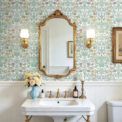 Classic William Morris Style Peel And Stick Wallpaper Removable Self Adhesive Vinyl Roll With Trim Grid For Zero Hassle Home Flip No Drama Waterproof Contact Paper in a bathroom with a sink and decorative mirror.