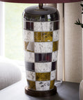 Torino Table Lamp With Ceramic Multicolor Squares Finish, Earth Tone Checkerboard Pattern in room setting, brown shade visible