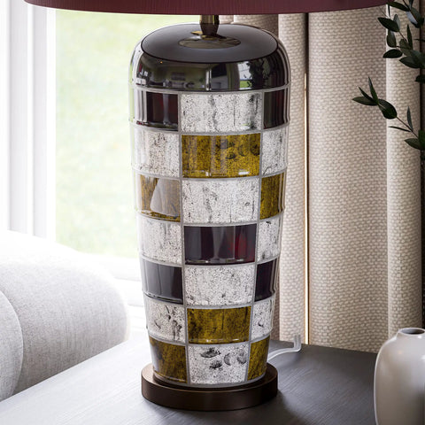 Torino Table Lamp With Ceramic Multicolor Squares Finish, Earth Tone Checkerboard Pattern in room setting, brown shade visible