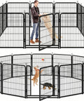 Outdoor Dog Playpen Extra Wide 12 Panel Fence Heavy Duty RustProof Coated with Doors 40 Inch Height in black with dogs and person