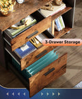 Three Drawer Mobile File Cabinet With Open Shelves, Wood Lateral Filing Cabinet And Printer Stand For Home Office, Rustic Brown Finish