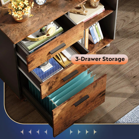 Three Drawer Mobile File Cabinet With Open Shelves, Wood Lateral Filing Cabinet And Printer Stand For Home Office, Rustic Brown Finish
