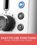 Close-up of control panel on 2-Slice Stainless Steel Toaster With Extra Wide Slots featuring dial and buttons for functions.