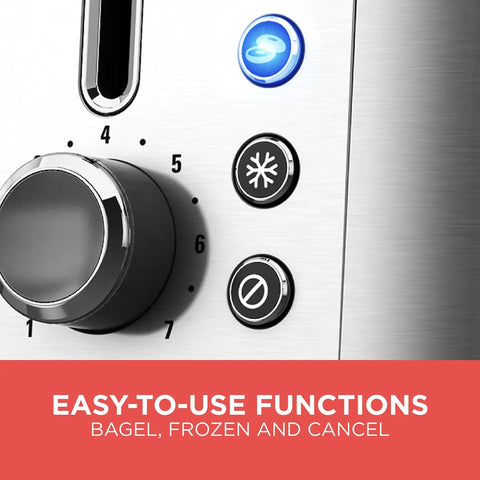 Close-up of control panel on 2-Slice Stainless Steel Toaster With Extra Wide Slots featuring dial and buttons for functions.