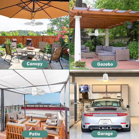 Portable Outdoor Ceiling Fan With Battery Power And Bright Led Light Silent Remote Control Canopy Breeze Maker And Extension Hook For Gazebo Patio Tent Backyard Kickback Spot in a patio and gazebo setting.