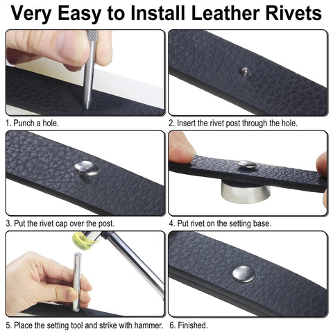 Step-by-step guide on installing Heavy Hitter Copper Double Cap Leather Rivets Kit with tool on leather.