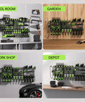 Power Tool Wall Mount Organizer With Charging Station And 8 Outlet Strip Heavy Duty Garage Drill Rack installed in various settings
