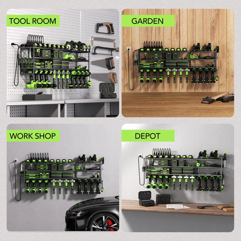 Power Tool Wall Mount Organizer With Charging Station And 8 Outlet Strip Heavy Duty Garage Drill Rack installed in various settings
