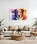 Vibrant art decor featuring a colorful dog portrait on wall above a light sofa in a modern living room setting.