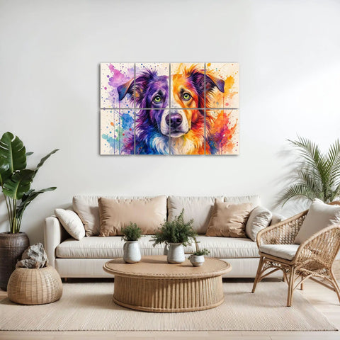 Vibrant art decor featuring a colorful dog portrait on wall above a light sofa in a modern living room setting.