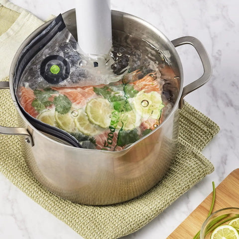 Reusable Quart Vacuum Zipper Bags, 10 Count, BPA Free, sous vide cooking with salmon and lime in pot