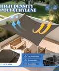 7 By 10 Ft Sun Shade Sail Rectangle Canopy For Your Outdoor Patio Pergola Backyard Garden 180GSM HDPE Fabric With 95 Percent UV Block Brown Weatherproof Easy Install Fade Resistant shown in a backyard setup with air flow and UV protection details.