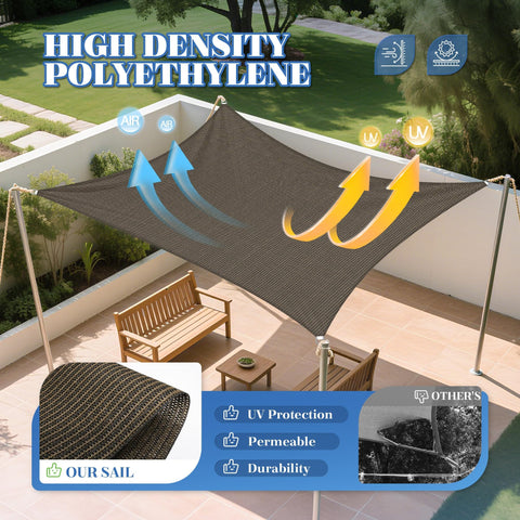 7 By 10 Ft Sun Shade Sail Rectangle Canopy For Your Outdoor Patio Pergola Backyard Garden 180GSM HDPE Fabric With 95 Percent UV Block Brown Weatherproof Easy Install Fade Resistant shown in a backyard setup with air flow and UV protection details.