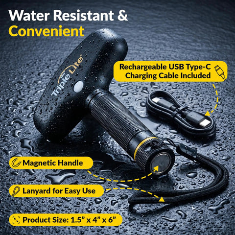 Dope Rechargeable LED Flashlight With 180 Degree Wide Beam, 1000 Lumens on wet surface with lanyard and USB-C cable