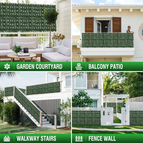 Artificial Ivy Privacy Fence Wall Screen 120 By 40 Inches 12 Pack Of 20 By 20 Inch Panels installed on patio, balcony, stairs, fence