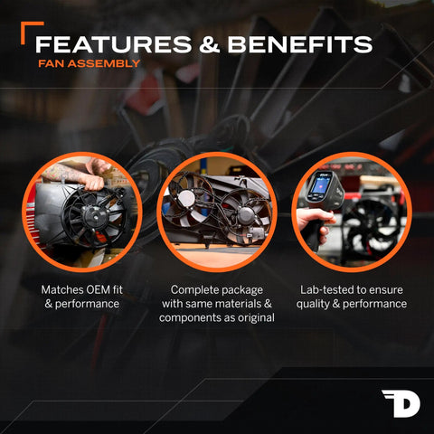 Features and benefits of Direct Fit AC Condenser Fan Assembly For Car Cooling Setup Oem Match Drop In Ready with airflow blades.