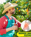 Man using Four Pack Garden Pruning Shears Set With Stainless Steel Blades, Three Blade Types For Flowers, Bonsai And Light Branches, Locking Snips And Scissors For Herbs And Hydroponics In Yellow, Orange And Green under orange tree.