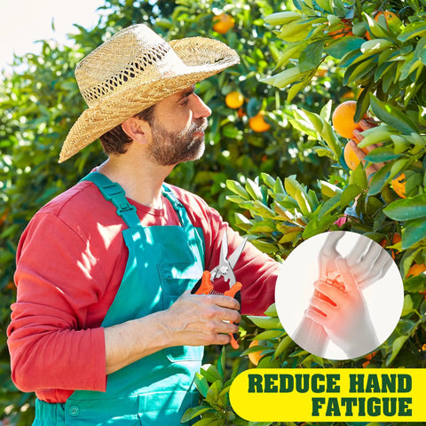 Man using Four Pack Garden Pruning Shears Set With Stainless Steel Blades, Three Blade Types For Flowers, Bonsai And Light Branches, Locking Snips And Scissors For Herbs And Hydroponics In Yellow, Orange And Green under orange tree.