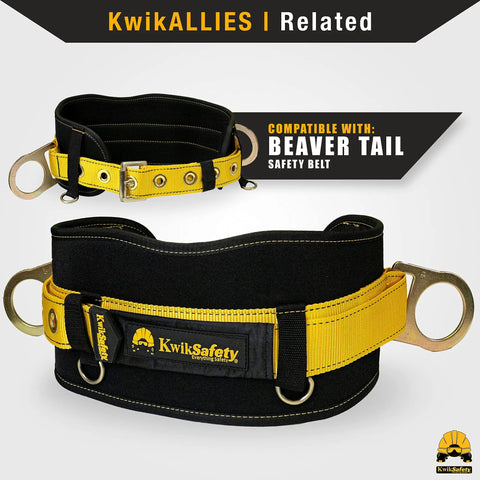 KwikSafety black and yellow beaver tail safety belt with adjustable straps and metal rings.