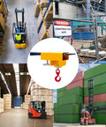 Tough As Nails 2200 Lb Forklift Lifting Hook With 360 Degree Swivel And Heavy Duty Carbon Steel Build and images of warehouse and construction site.