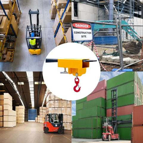 Tough As Nails 2200 Lb Forklift Lifting Hook With 360 Degree Swivel And Heavy Duty Carbon Steel Build and images of warehouse and construction site.
