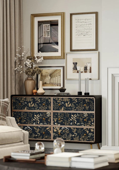 Black And Gold Delicate Floral Peel And Stick Wallpaper 236x16.1 Inches Waterproof Vinyl Self Adhesive Removable Wall Covering For Shelves And DIY Friendly Home Decor Vintage Leaf Pattern Roll on drawers