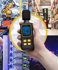 Pro Grade Handheld Digital Sound Meter With Large LCD Display For Noise And Decibel Readings In Offices And Server Rooms High Sensitivity Microphone Accurate 30 To 130 dBA Range IP54 Rated Requires 3 AAA Batteries in hand