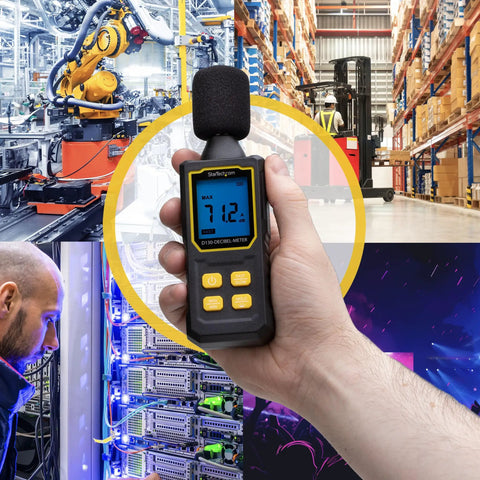 Pro Grade Handheld Digital Sound Meter With Large LCD Display For Noise And Decibel Readings In Offices And Server Rooms High Sensitivity Microphone Accurate 30 To 130 dBA Range IP54 Rated Requires 3 AAA Batteries in hand