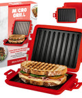 Micro Grill Max Microwave Sandwich Maker With 3 Min Grilled Cheese Capability, showing red silicone cover, grilled sandwich inside.