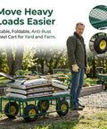 Man using Heavy Duty 1000 Lb Capacity Mesh Steel Garden Cart With 10 In Flat Free Wheels, transporting soil bags in yard.