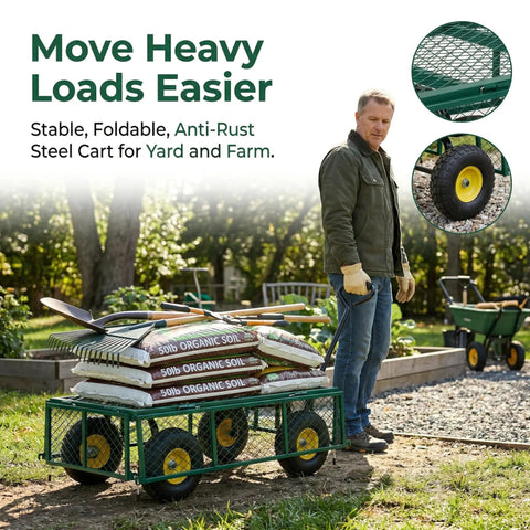 Man using Heavy Duty 1000 Lb Capacity Mesh Steel Garden Cart With 10 In Flat Free Wheels, transporting soil bags in yard.