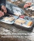 All In One 100 Piece Fire Starter Kit for Campfires and Survival opened on log with tools and materials.