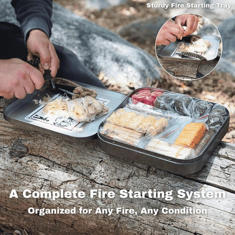 All In One 100 Piece Fire Starter Kit for Campfires and Survival opened on log with tools and materials.