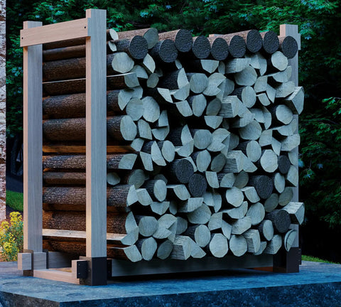 Heavy Duty Firewood Log Storage Brackets Set With Adjustable Length For Indoor And Outdoor Fireplace Wood Holder Rust Proof Powder Coated Steel DIY Kit With Screws holding stacked logs outdoors
