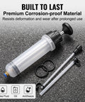Top Shelf Manual Fluid Extractor Pump For Absolute No Sweat Oil Changes Using Dual Suction Tubes with clear reservoir and solid build.