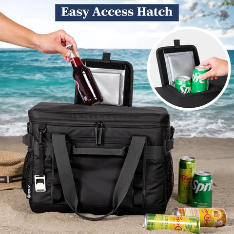Epically Spacious Collapsible Soft Cooler Bag, 60 Can Leakproof Insulated Tote on beach, easy access hatch with drinks.