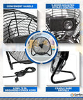 18-Inch High-Velocity Industrial Floor Fan with heavy-duty metal frame, aluminum blades, 3-speed control, and 180-degree tilt.