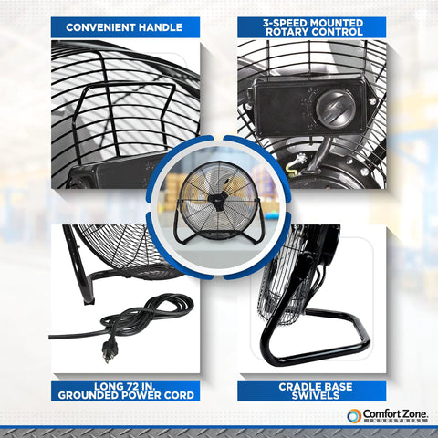 18-Inch High-Velocity Industrial Floor Fan with heavy-duty metal frame, aluminum blades, 3-speed control, and 180-degree tilt.