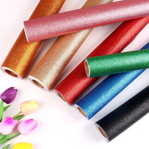 Assorted glitter peel-and-stick wallpaper rolls, featuring Black Glitter Peel And Stick Wallpaper Self Adhesive Vinyl Roll 15.7x354 Inches 38.75 Sq Ft Easy Install Durable TearResistant Sparkle For Cabinets, Shelves, And Walls Removable Glittery Wall Covering For Bedroom Or Bathroom, displayed with colorful tulips.