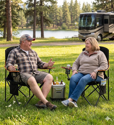 Two people sitting on an Oversized Padded Camping Chair Two Pack Heavy Duty Quad Chair with lumbar support and cup holder outdoors.