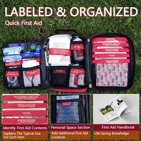 Open red and black first aid kit with labeled compartments and MOLLE system, showing organized medical supplies.