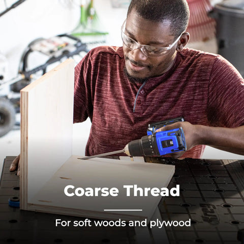 Man uses drill with Zinc Pocket Hole Screws 1 1/4 Inch Coarse Thread Maxi Loc Head Indoor 250 Count for softwood.