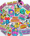 40-piece vinyl sticker set with colorful tropical imagery, emojis, and bold quotes