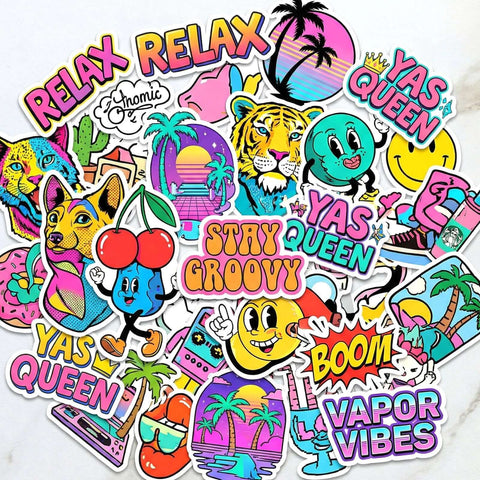 40-piece vinyl sticker set with colorful tropical imagery, emojis, and bold quotes