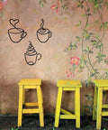 Three Piece Coffee Cup Wire Wall Art Set For Coffee Bar Decor Vintage Rustic Metal Signs above yellow stools