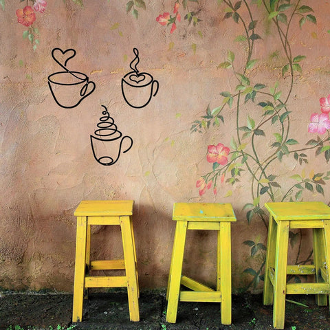 Three Piece Coffee Cup Wire Wall Art Set For Coffee Bar Decor Vintage Rustic Metal Signs above yellow stools