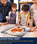 Family making pizza on 14x16 Inch Pizza Steel Pro Grade Heavy Duty Carbon Steel Baking Plate For Oven And Grill in kitchen