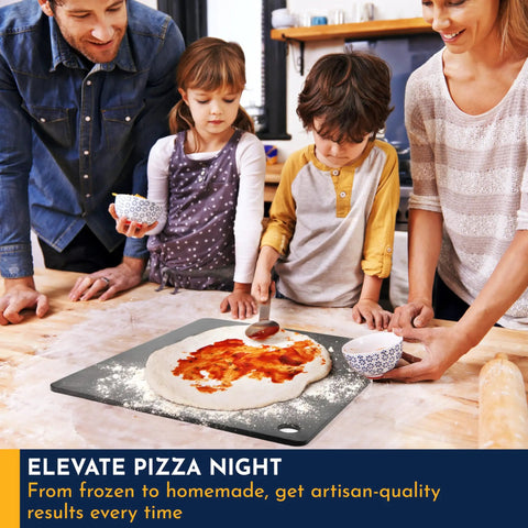 Family making pizza on 14x16 Inch Pizza Steel Pro Grade Heavy Duty Carbon Steel Baking Plate For Oven And Grill in kitchen