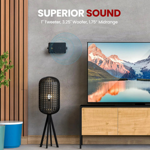Three Way Indoor Outdoor Speaker System Pair For Home Theater And PA, wall-mounted next to TV, modern living room setting.